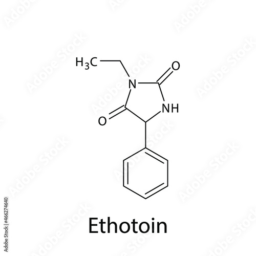 Ethotoin molecular structure, flat skeletal chemical formula. Anti convulsant drug used to treat Epilepsy, seizure. 