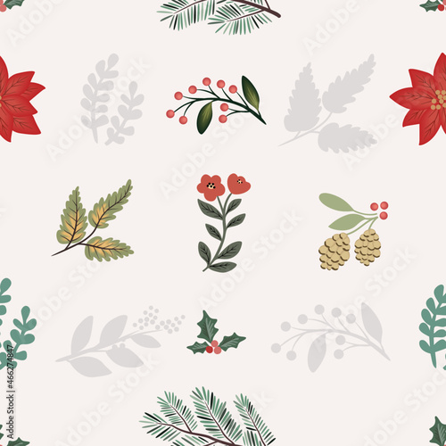 Seamless Greenery Pattern with Red Poinsettia and Holly Berries Vector design