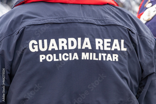 Back of the uniform of Royal Guard military police with the text "Guardia Real Policia Militar" that means Royal Guard military police