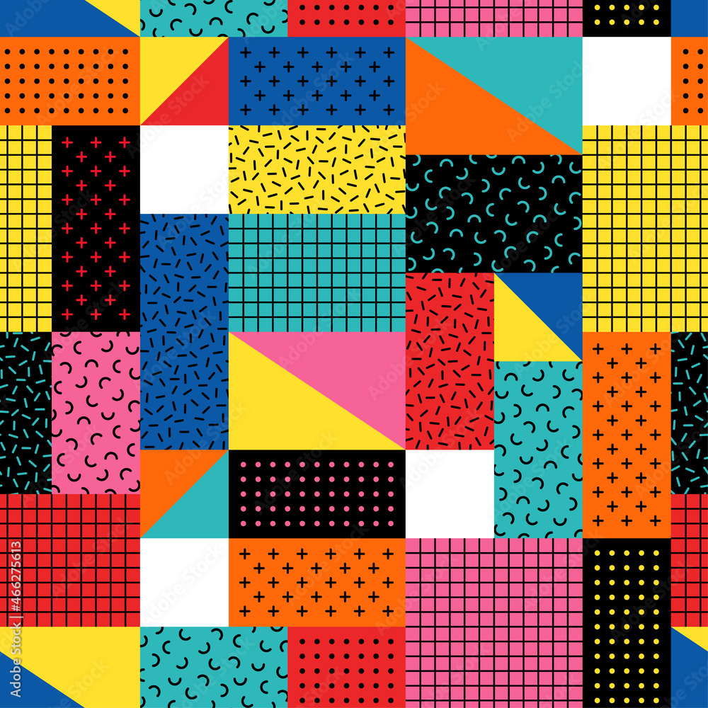 Colorful geometric seamless vector pattern in memphis style.