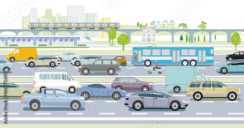 Autobahn mit Schnellzug, Bus und Personenwagen