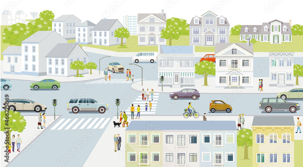 Familien und Menschen auf dem Bürgersteig mit Straßenverkehr Illustration