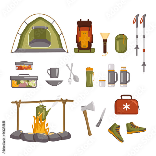 Bundle of items for hiking, tourism and outdoor recreation. Set of tool for camping and picnic on nature