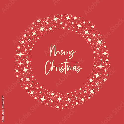 Christmas card with stars wreath and red background. 