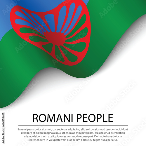 Waving flag of Romani people on white background. Banner or ribb