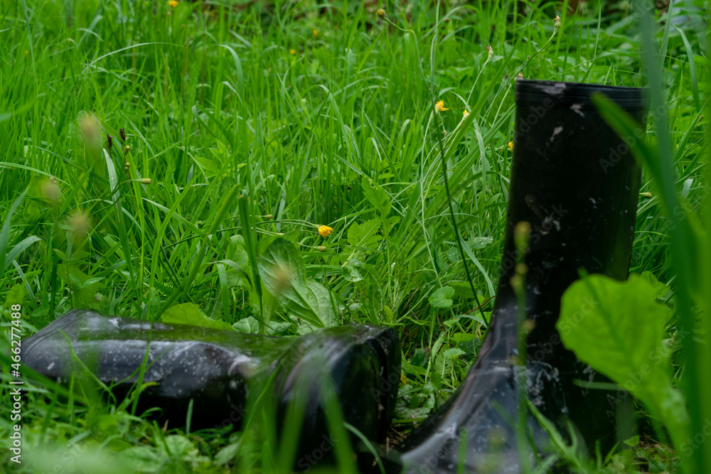A pair of black rubber boots in the green grass A pair of black rubber boots in the green grass