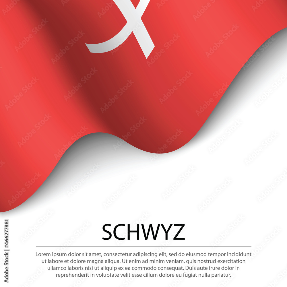 Waving flag of Schwyz is a canton of Switzerland on white backgr Waving flag of Schwyz is a canton of Switzerland on white backgr