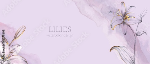 Elegant, romantic watercolor background with hand painted lilies. Colorful watercolor blot, wash, ink imitation.