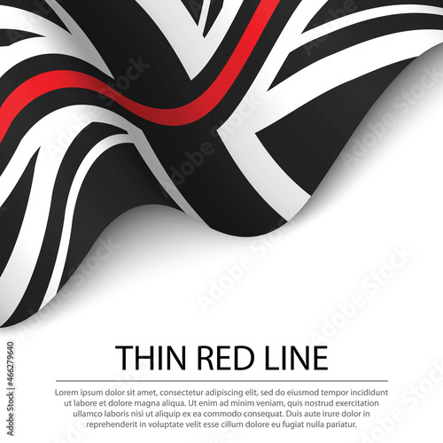 Waving flag of Thin red line on white background. Banner or ribb