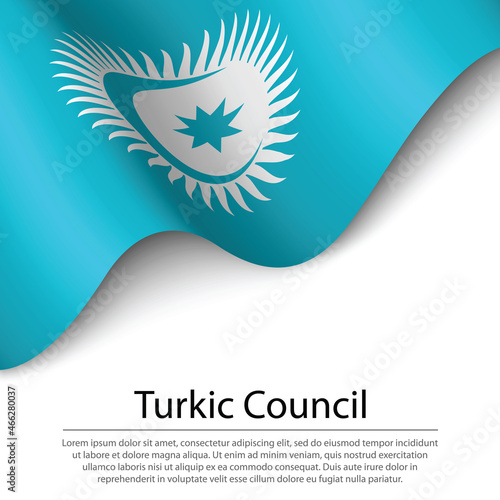 Waving flag of Turkic Council on white background. Banner or rib