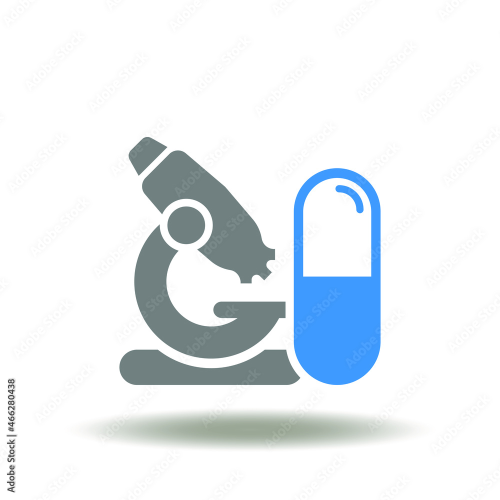 Vector illustration of microscope with pill capsule. Symbol of test and checkup drugs. Icon of counterfeit pills analysis. Development and research medicines sign. Vector illustration of microscope with pill capsule. Symbol of test and checkup drugs. Icon of counterfeit pills analysis. Development and research medicines sign.