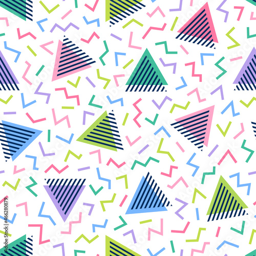 Pastel triangle seamless pattern with zigzag background in Memphis style.