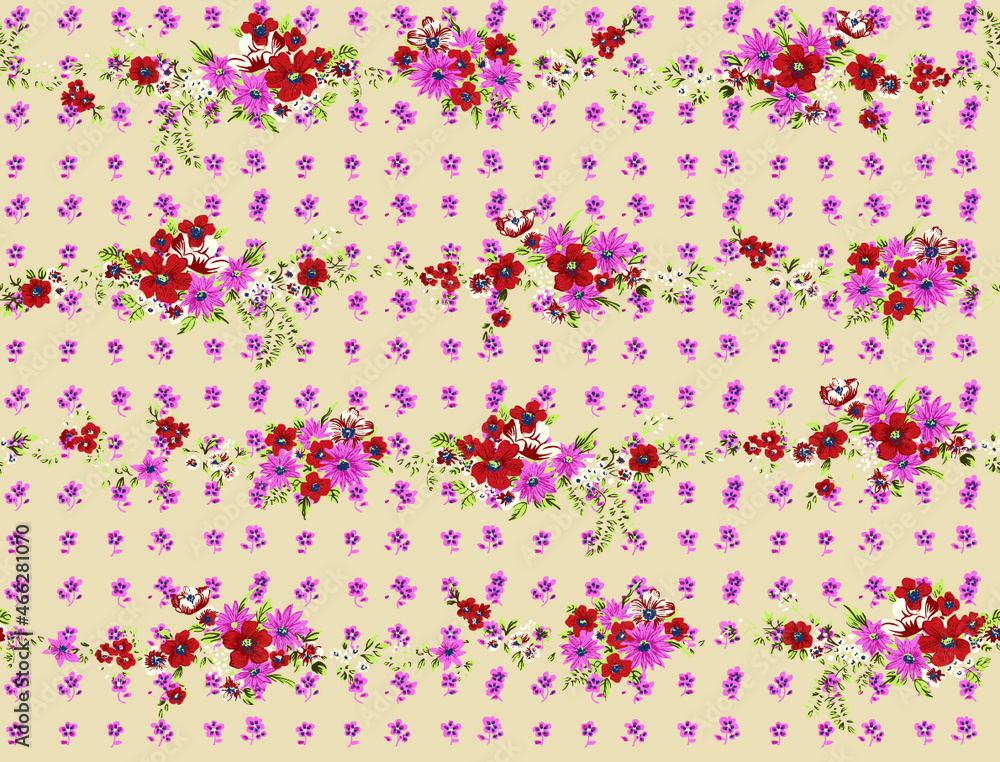 Seamless tile of floral print/design at life-size scale for fabric and textile printing. Easy to edit and recolor for your fashion, interior, and design projects.