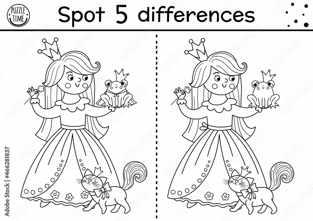 Black and white find differences game for children. Fairytale ...