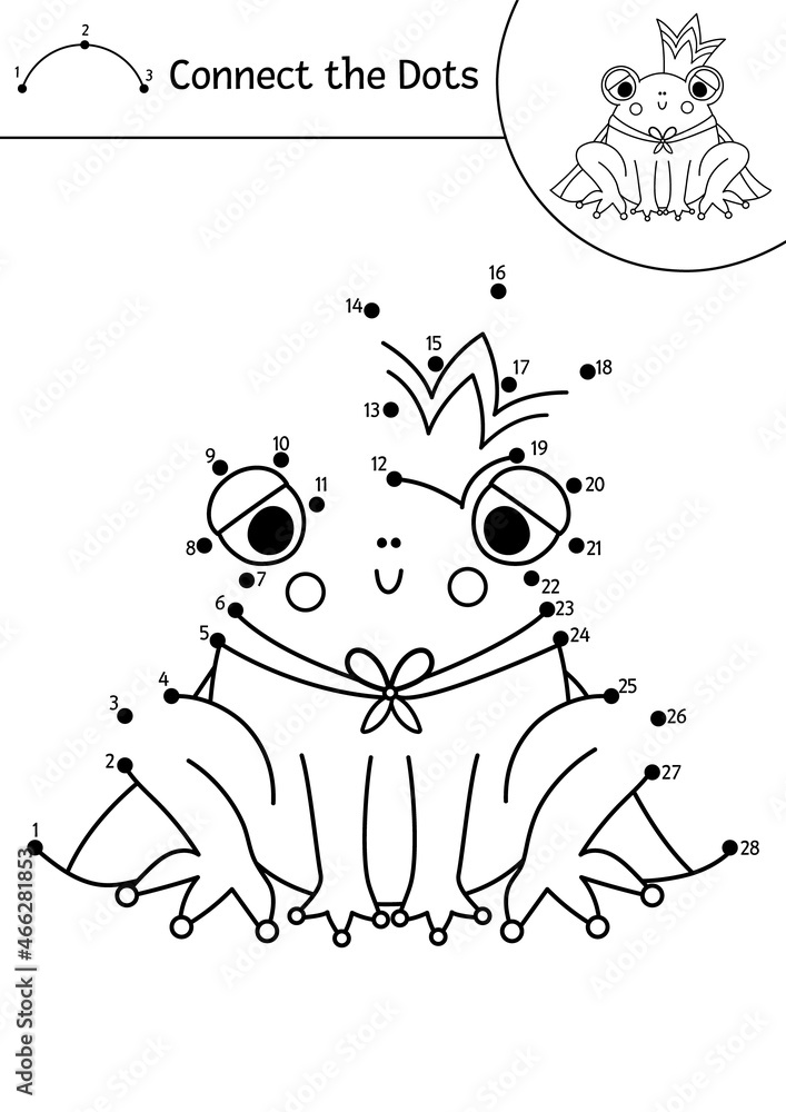 Vector dottodot and color activity with cute frog prince. Magic