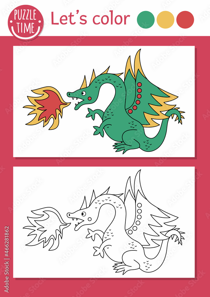 Magic kingdom coloring page for children with dragon, fire. Vector fairytale outline illustration with cute fantasy creature. Color book for kids with colored example. Drawing skills printable