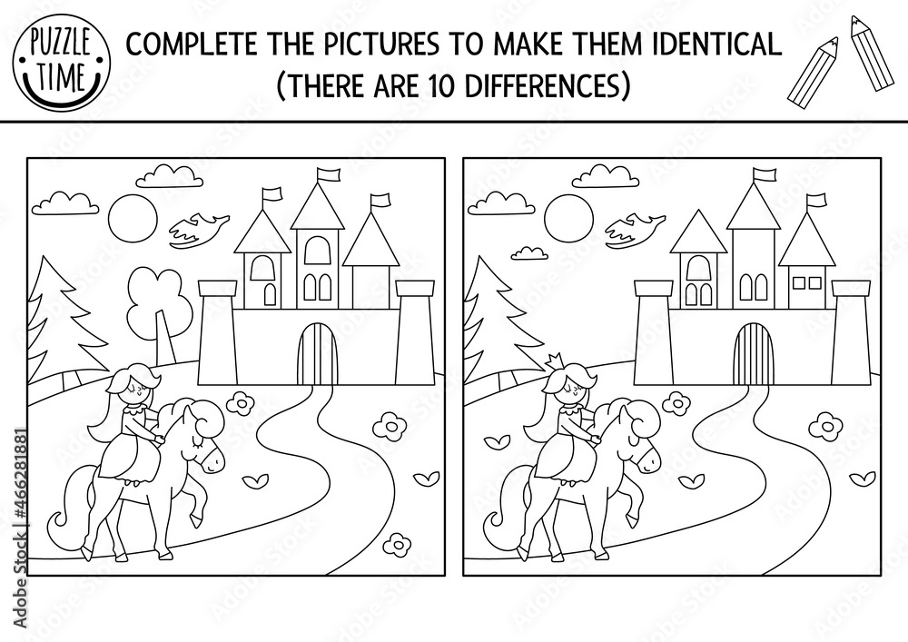 Black and white find differences, logical and drawing game for kids. Fairytale educational activity with castle, princess. Complete picture printable worksheet. Magic kingdom puzzle or coloring page.