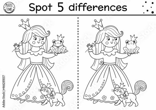 Black and white find differences game for children. Fairytale educational activity with cute princess and frog prince. Magic kingdom puzzle for kids. Fairy tale printable worksheet or coloring page.