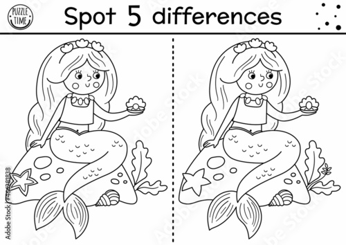 Black and white find differences game for children. Fairytale educational activity with cute mermaid and pearl. Magic kingdom puzzle for kids. Fairy tale printable worksheet or coloring page.
