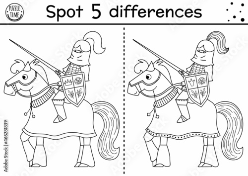 Black and white find differences game for children. Fairytale educational activity with armored knight on a horse. Magic kingdom puzzle for kids. Fairy tale printable worksheet or coloring page.