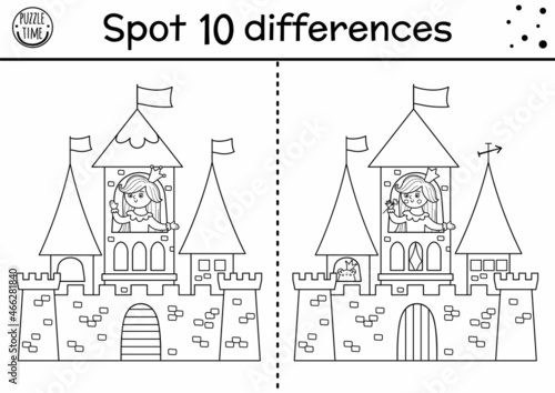 Black and white find differences game for children. Fairytale educational activity with cute princess in a castle tower. Magic kingdom puzzle for kids. Fairy tale printable worksheet or coloring page.