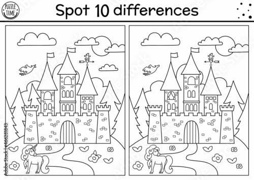 Black and white find differences game for children. Fairytale educational activity with castle and unicorn. Magic kingdom puzzle for kids. Fairy tale printable worksheet or coloring page.
