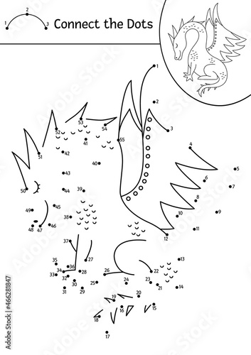 Vector dot-to-dot and color activity with cute dragon. Magic kingdom connect the dots game for children with fantasy creature. Fairy tale coloring page for kids. Printable worksheet.