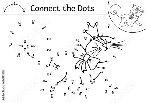 Vector dot-to-dot and color activity with cute cat in crown. Magic kingdom connect the dots game for children with fantasy kitten. Fairy tale coloring page for kids. Printable worksheet with pet.
