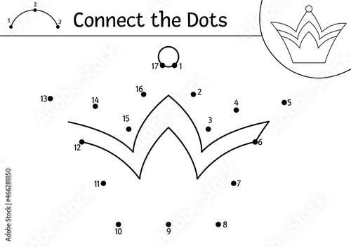 Vector dot-to-dot and color activity with cute crown. Magic kingdom connect the dots game for children with king headwear. Fairy tale coloring page for kids. Printable worksheet.
