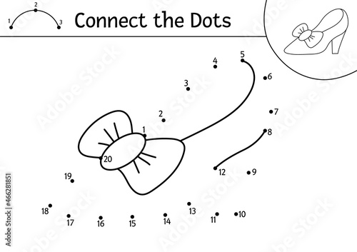 Vector dot-to-dot and color activity with cute princess shoe. Magic kingdom connect the dots game for children with girl footwear. Fairy tale coloring page for kids. Printable worksheet.