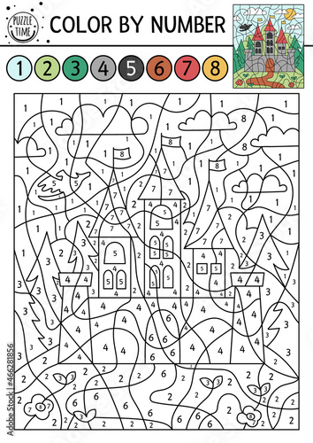 Vector Magic kingdom color by number activity with castle. Fairytale counting game with cute fantasy forest landscape and king house. Funny coloring page for kids with palace and dragon. .