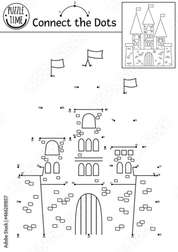 Vector dot-to-dot and color activity with cute castle. Magic kingdom connect the dots game for children with king house. Fairy tale coloring page for kids. Printable worksheet.