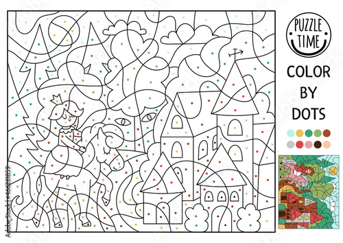 Vector Magic kingdom color by dot activity with princess on a horse. Fairytale counting game with cute forest landscape and house. Funny coloring page for kids with fantasy scene. .