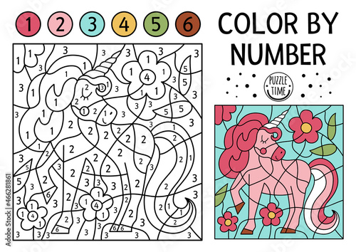 Vector Magic kingdom color by number activity with pink unicorn and flowers. Fairytale counting game with cute horse. Funny coloring page for kids with fantasy creature. .