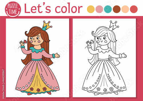 Magic kingdom coloring page for children with princess. Vector fairytale outline illustration with cute fantasy girl. Color book for kids with colored example. Drawing skills printable worksheet.