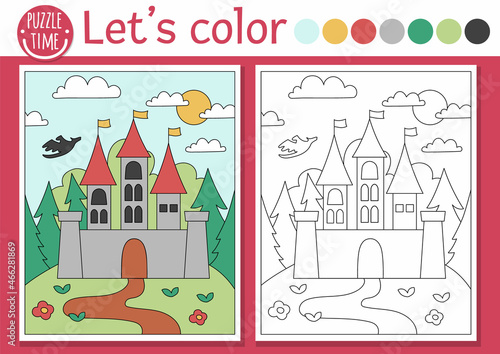 Magic kingdom coloring page for children with castle and forest landscape. Vector fairytale outline illustration. Color book for kids with colored example. Drawing skills printable worksheet.