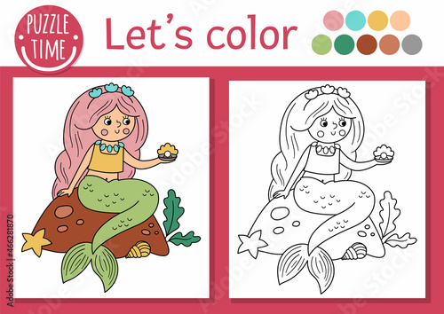 Magic kingdom coloring page for children with mermaid. Vector fairytale outline illustration with cute fantasy sea princess. Color book for kids, colored example. Drawing skills printable worksheet.