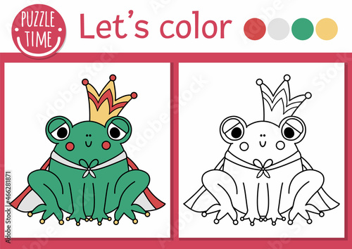 Magic kingdom coloring page for children with frog prince. Vector fairytale outline illustration with cute fantasy creature. Color book for kids with colored example. Drawing skills printable