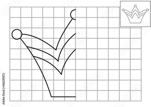 Complete the crown picture. Vector fairytale symmetrical drawing practice worksheet. Printable black and white activity for preschool kids. Copy the picture magic kingdom themed game.