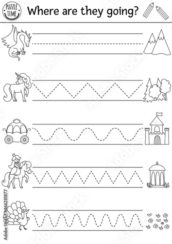 Vector magic kingdom handwriting practice worksheet. Fairytale printable black and white activity for pre-school children. Fantasy tracing game for writing skills with unicorn, dragon, castle