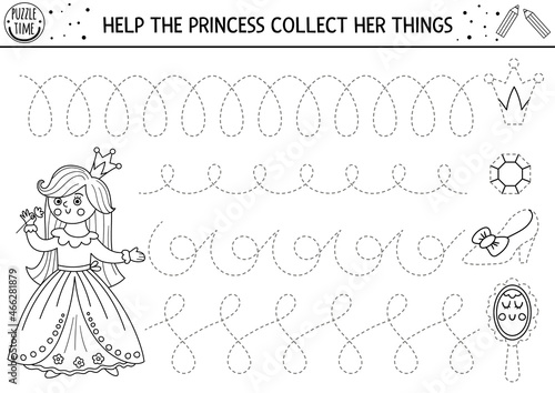 Vector magic kingdom handwriting practice worksheet. Fairytale printable black and white activity for preschool children. Fantasy tracing game for writing skills with cute princess, shoe, mirror