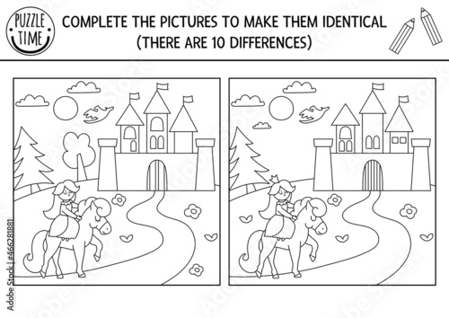 Black and white find differences, logical and drawing game for kids. Fairytale educational activity with castle, princess. Complete picture printable worksheet. Magic kingdom puzzle or coloring page.