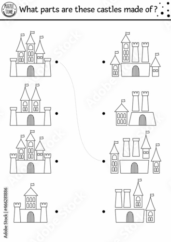 Black and white find differences, logical and matching game for kids. Fairytale educational activity with castles. Find parts printable worksheet. Magic kingdom puzzle or coloring page.