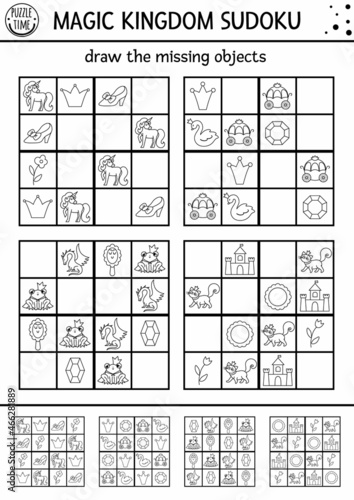 Vector fairytale black and white sudoku puzzle for kids with pictures. Simple line magic kingdom quiz. Education activity or coloring page with dragon, castle, unicorn. Draw missing objects.