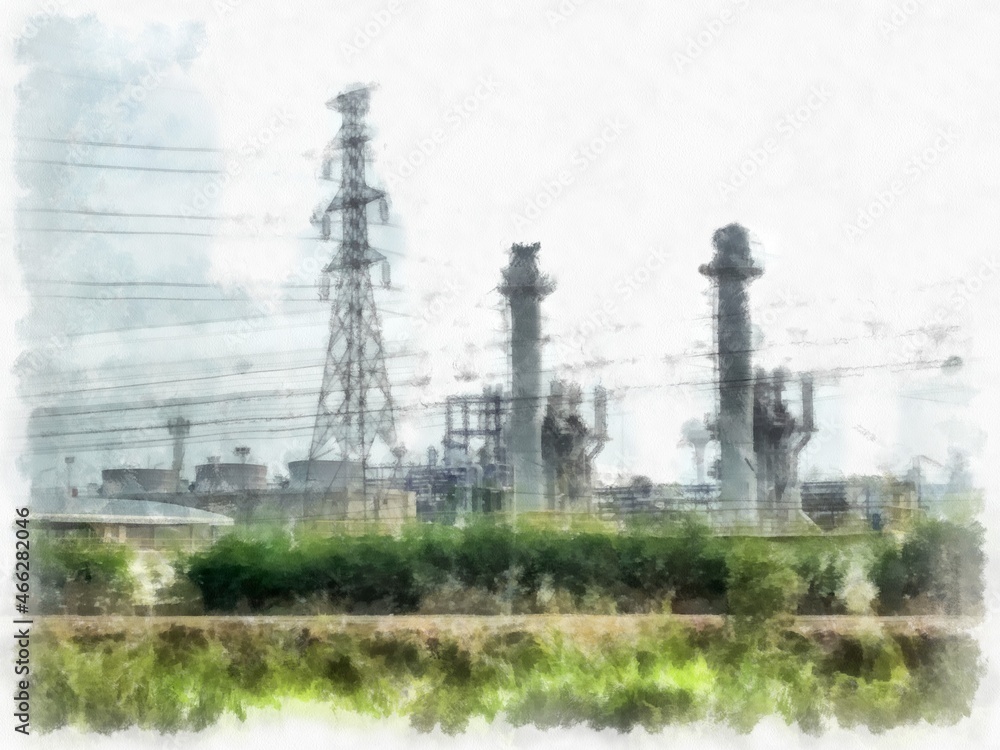 Factory and high power poles watercolor style illustration impressionist painting.