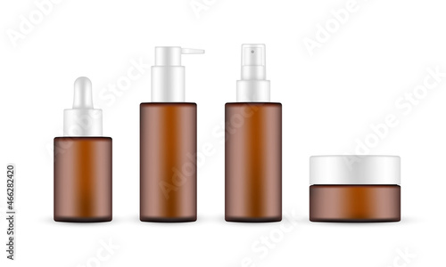 Amber Cosmetic Packaging Mockup: Jar, Dropper, Bottle with Press Pump and Spray. Vector Illustration