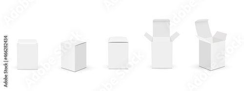 Set of Small Paper Rectangular Packing Boxes with Opened and Closed Lid, Isolated on White Background. Vector Illustration