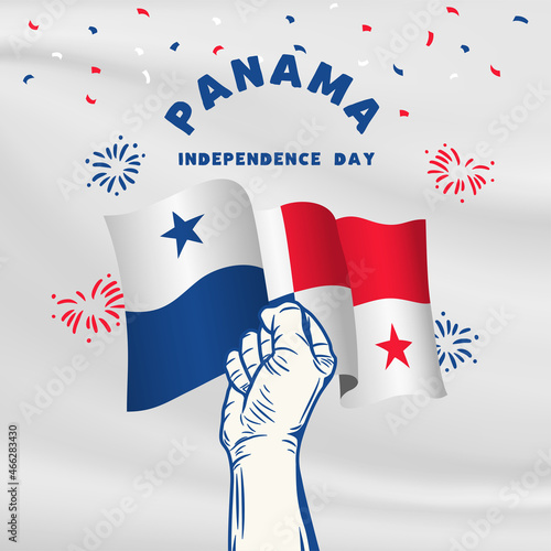Square Banner illustration of Panama independence day celebration. Waving flag and hands clenched. Vector illustration.