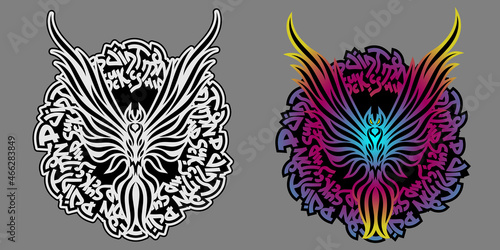 Two print options with cartoon random english text in a circle and with a silhouette of a bird in front. Monochrome tattoo logo. Fenix character colorefull design. Label with flying mascot. Isolated.

