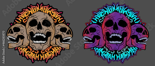 Two versions of the skull print infront of the rounded "Halloween" lettering. Neon skulls logo. Circle text with 3 skulls with 2 different options. Isolated vector illustration.